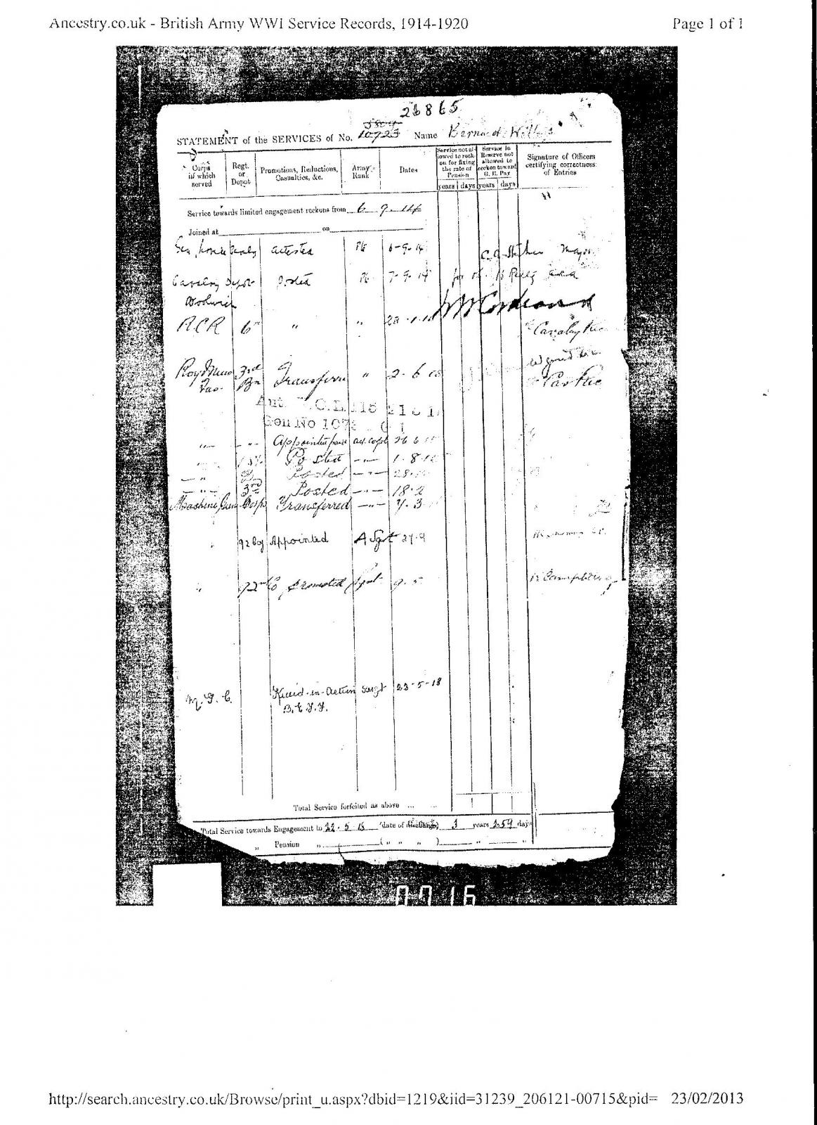 Bernard Vincent Webb Service Statement