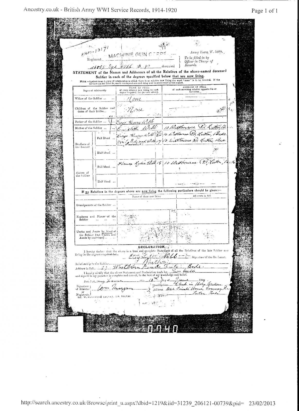 Bernard Vincent Webb Declared Relatives